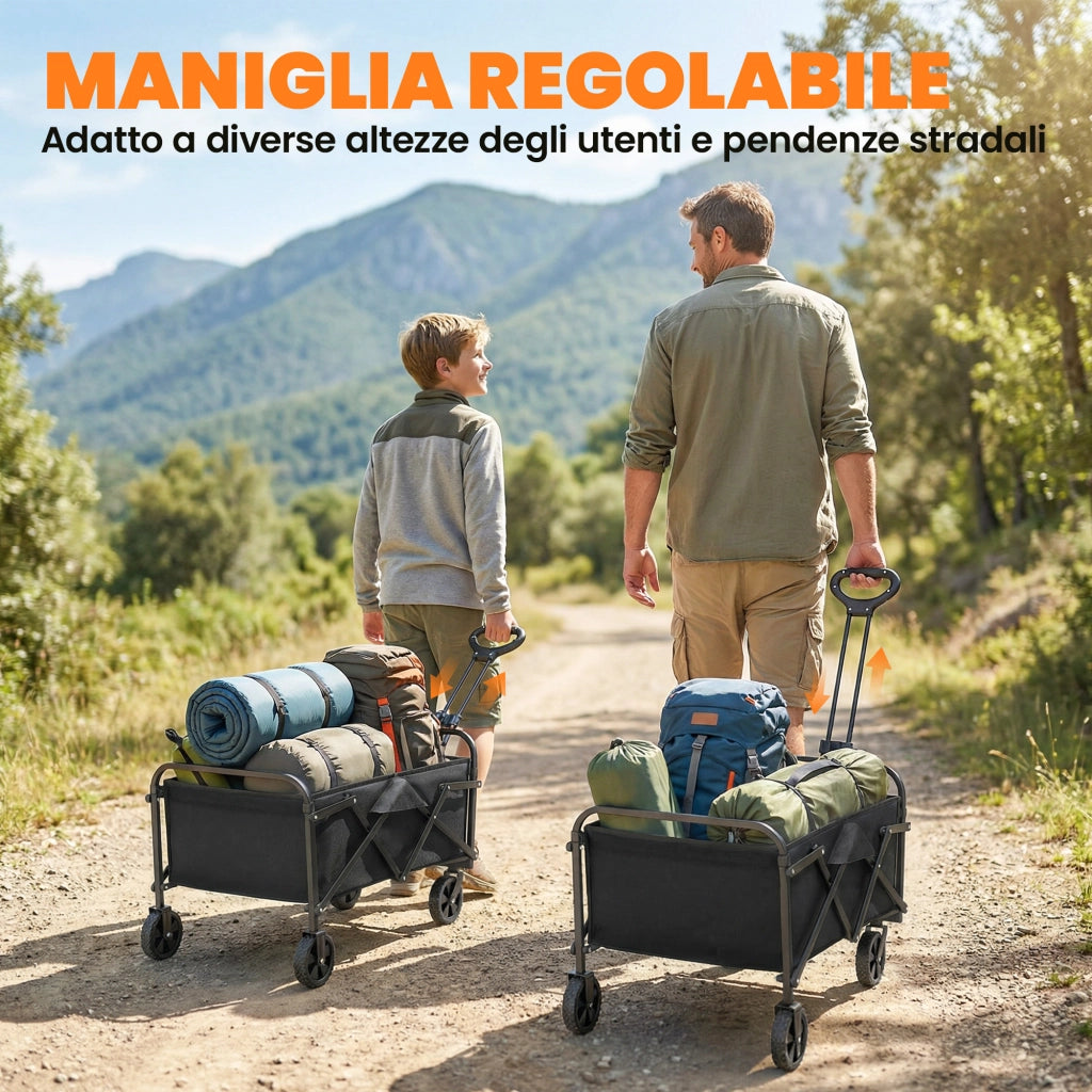 Carrello da Giardino Pieghevole 66L con Manico Regolabile e Portabicchieri, Nero