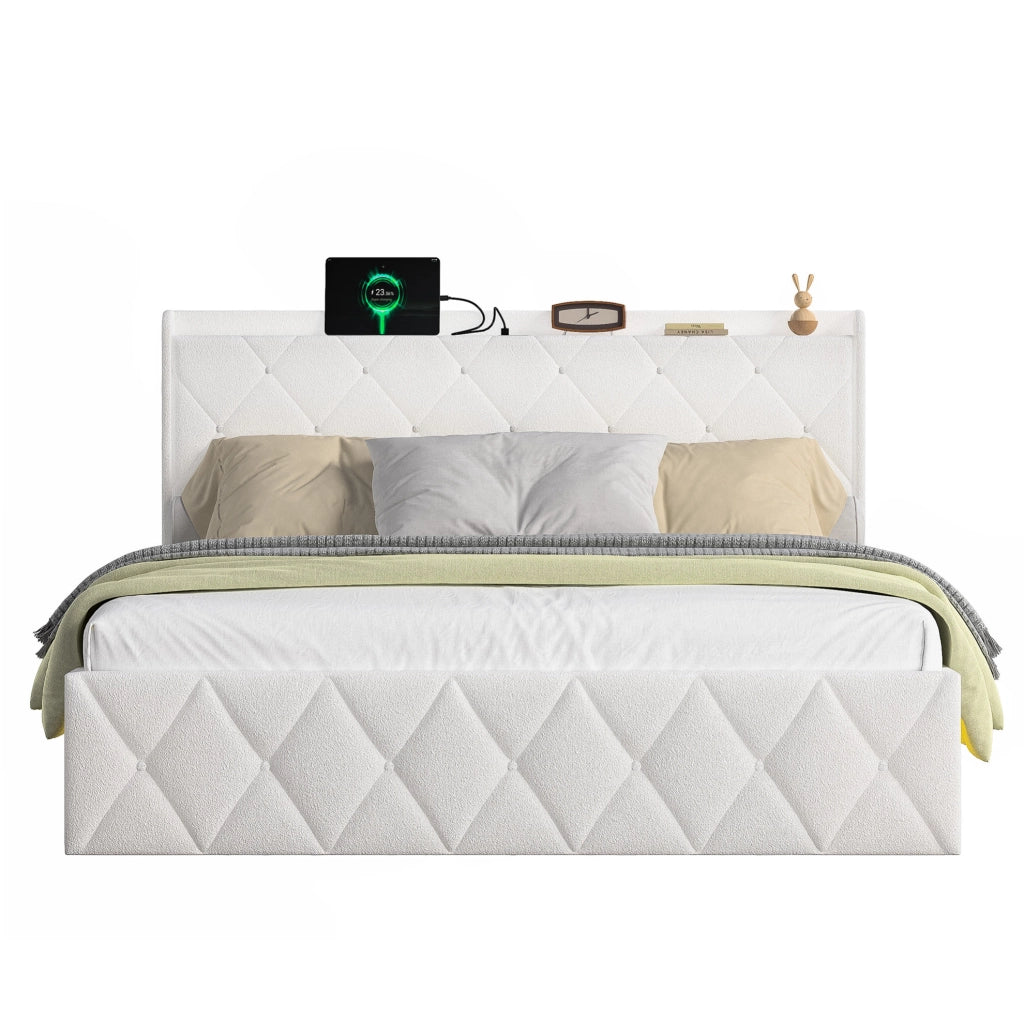 Letto 160x200 cm con ricarica USB e LED in teddy bianco