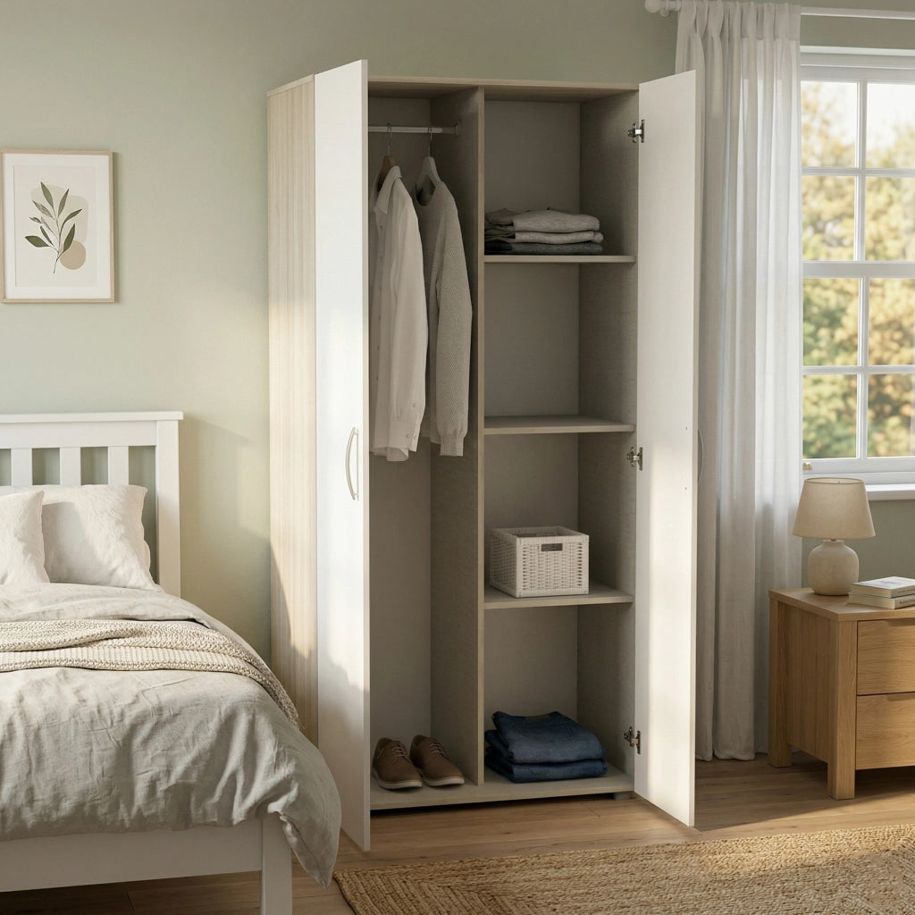 Guardaroba 2 ante Ockhi, Mobile camera da letto, Cabina armadio portabiti, Armadio appendiabiti, 79x52 h166 cm, Rovere e Bianco opaco