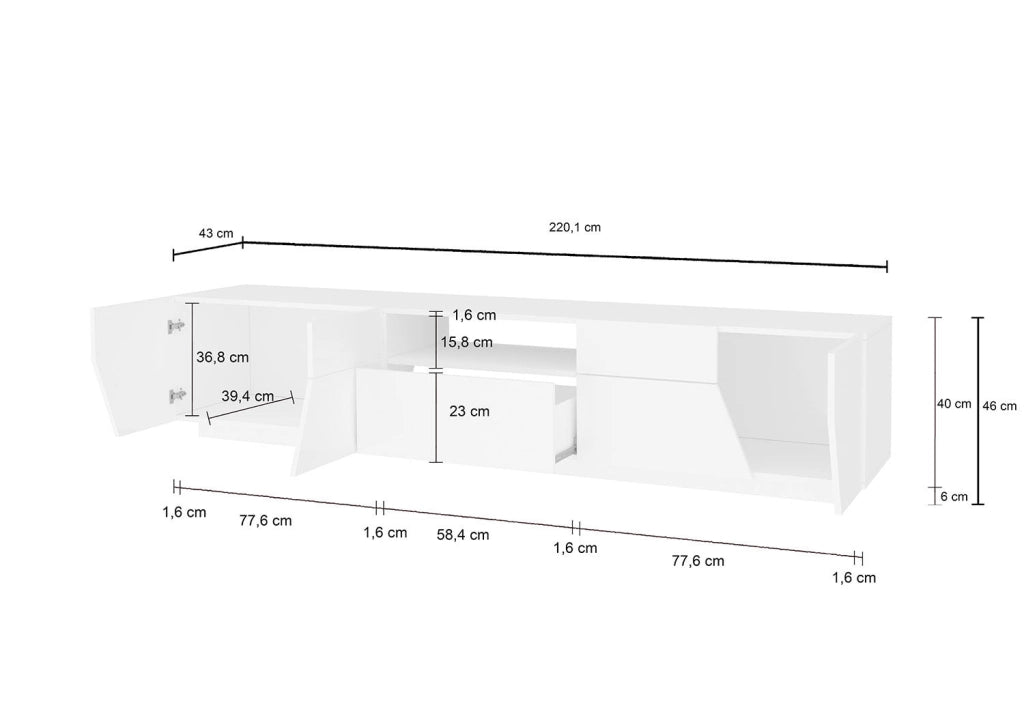 Mobile TV 4 Ante 1 Cassetto 220,1x43x46 cm Alien Bianco Lucido