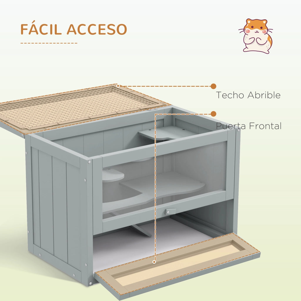 Gabbia per Criceti in Legno a 2 Livelli con Scale e Piattaforme 60x35x42 cm Grigio ¨C zephmum