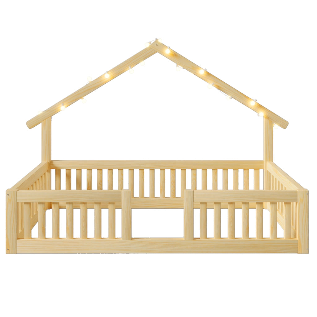 LETTO Casetta 90x200 cm in legno Naturale con luci LED
