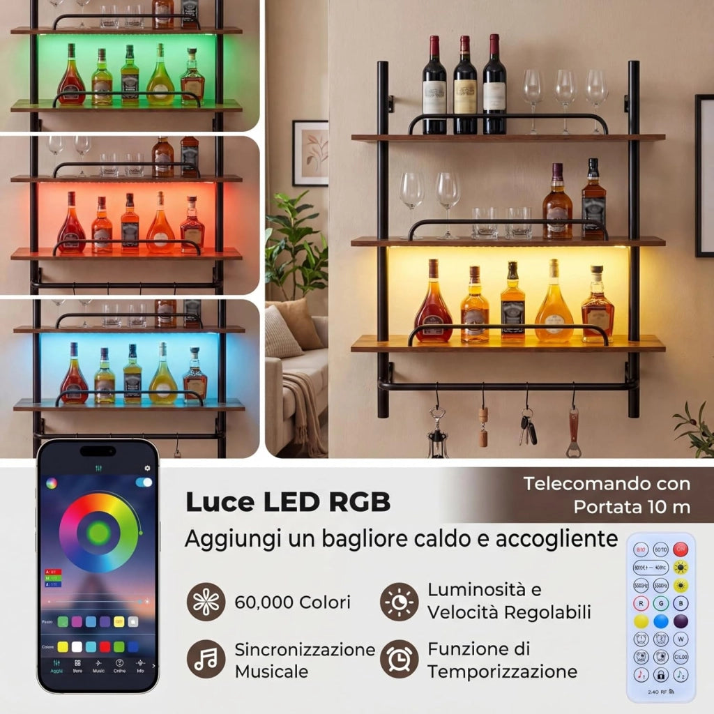 Mensola da Parete, Scaffalatura a 3 Livelli con Luce LED e 4 Ganci a S, Controllo Remoto e APP, Scaffale per Riporre e Esporre in Cucina, Camera da Letto e Soggiorno, 80,5x24x97 cm