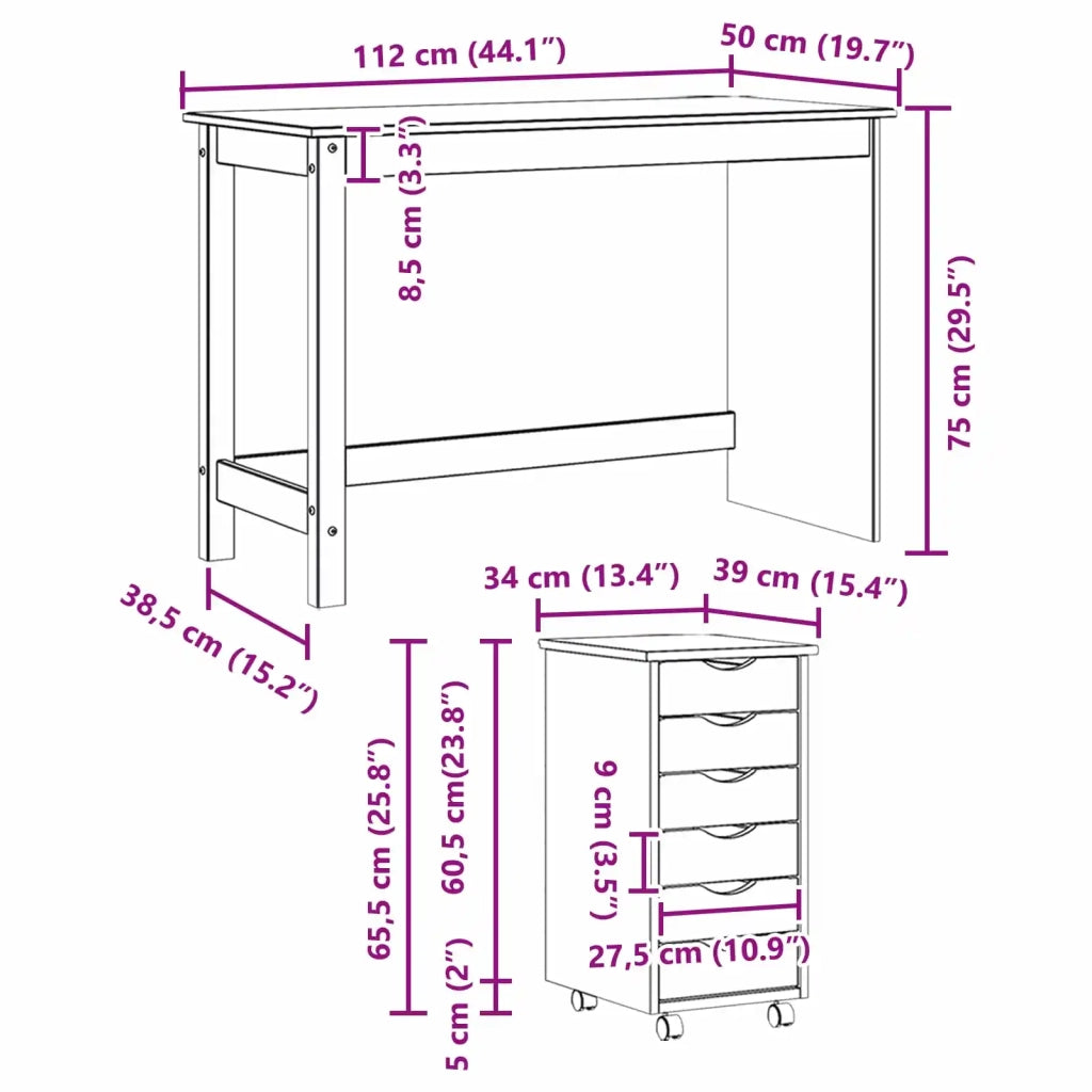 Set scrivania e mobiletto su ruote MOSS 2 pz Nero 3438788
