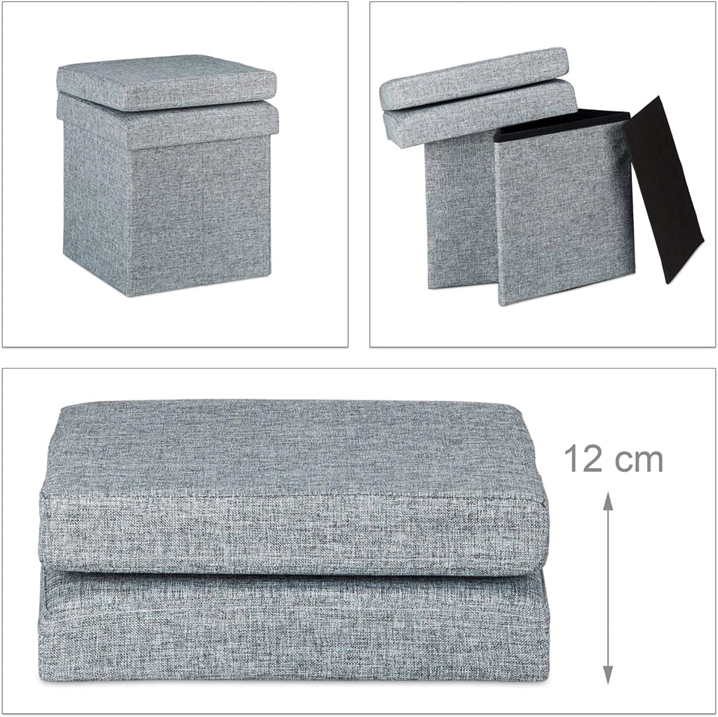 Sgabello contenitore pieghevole con schienale in lino grigio 13_0002778