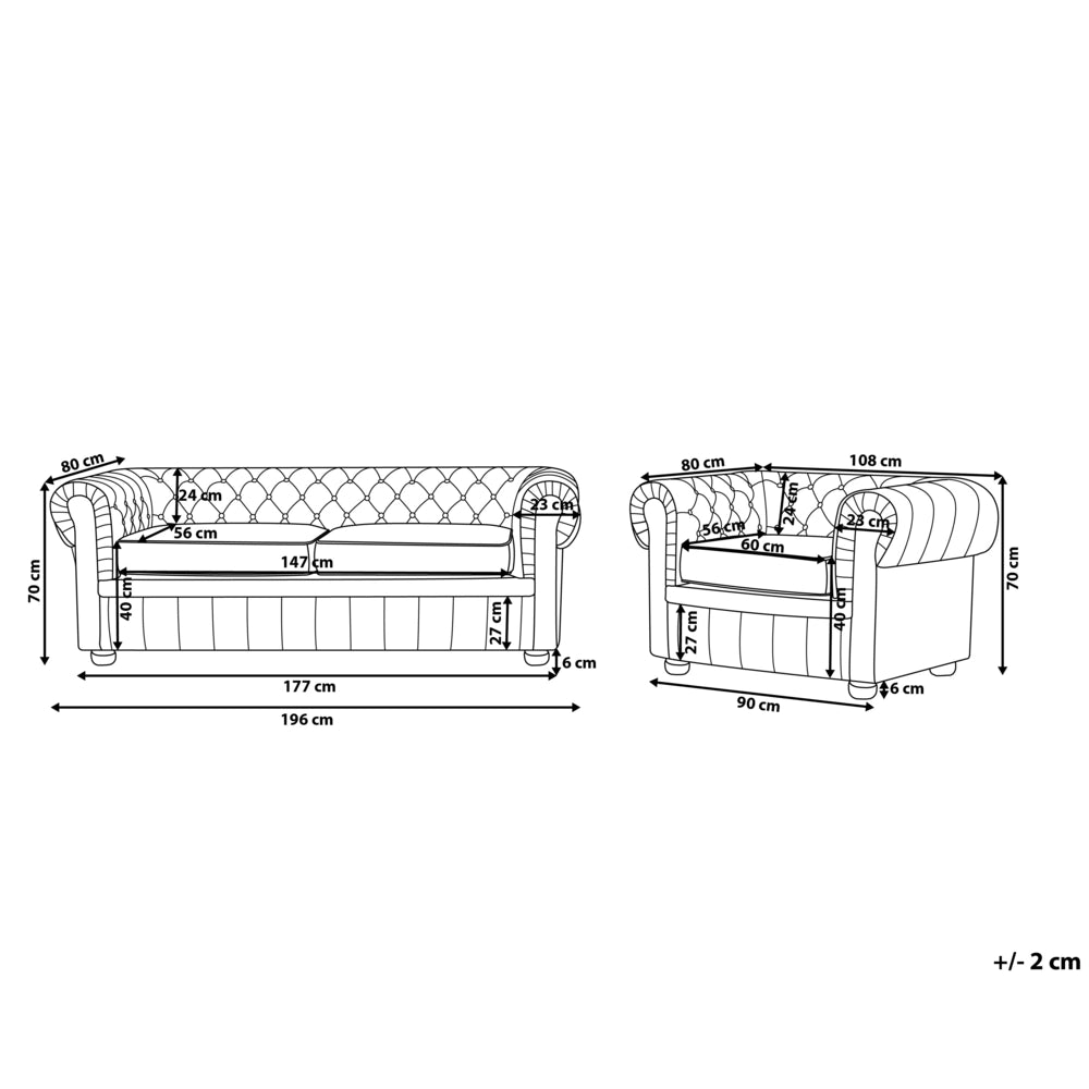 Set soggiorno Chesterfield Rivestimento in pelle nera Gambe in legno scuro Divano a 3 posti + poltrona contemporanea