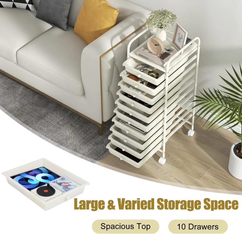 Carrello Portaoggetti con 10 Cassetti, Telaio in Metallo e Struttura in Plastica, 4 Ruote di cui 2 con Freno, Organizer Multiuso per Ufficio, Cucina e Bagno, 33 x 37 x 86 cm