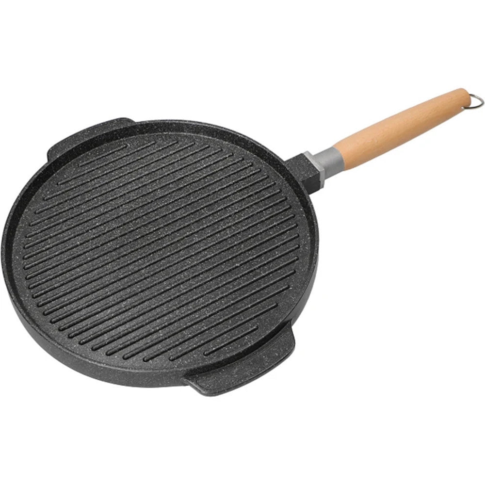 Trade Shop - Padella Piastra Bistecchiera Doppia Tonda 2 In 1 Antiaderente In Alluminio Legno ø32cm -