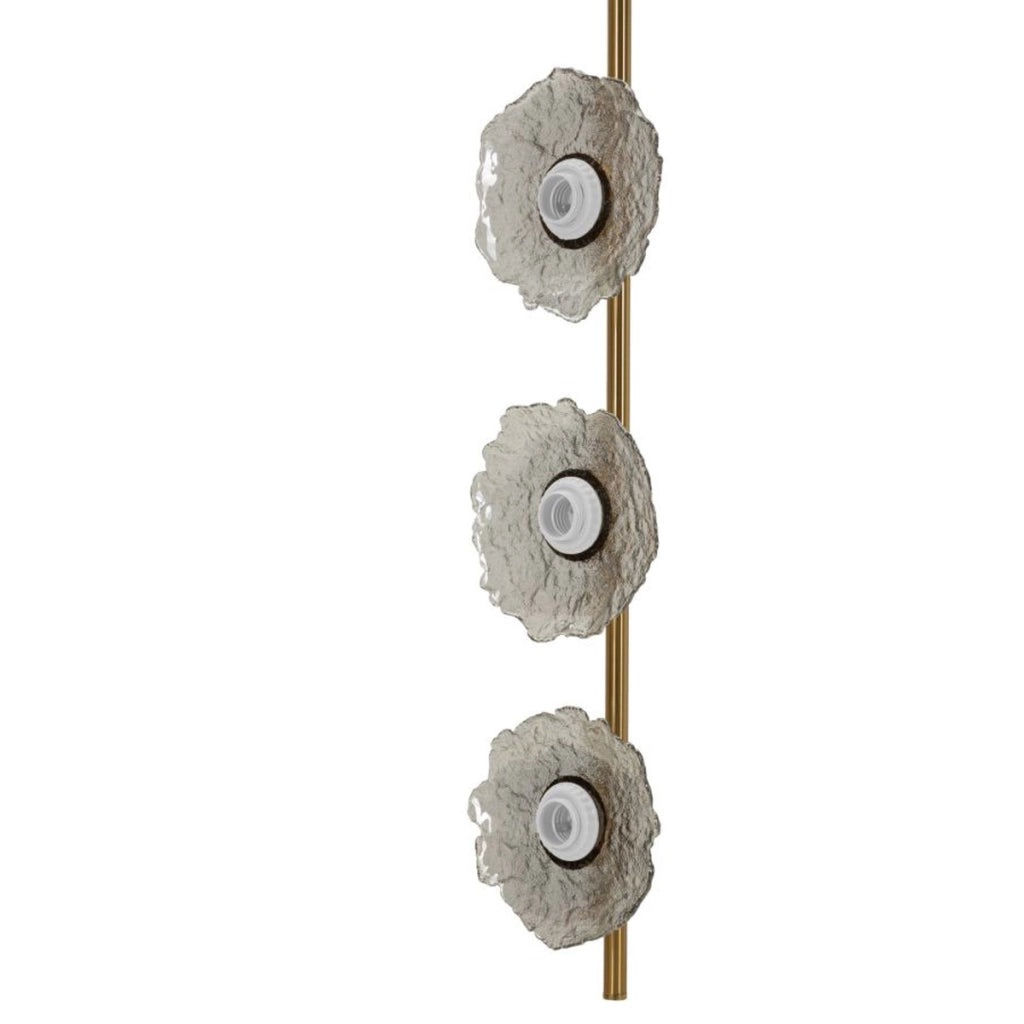 Lampadario verticale Emily in metallo dorato e vetro grigio fume'