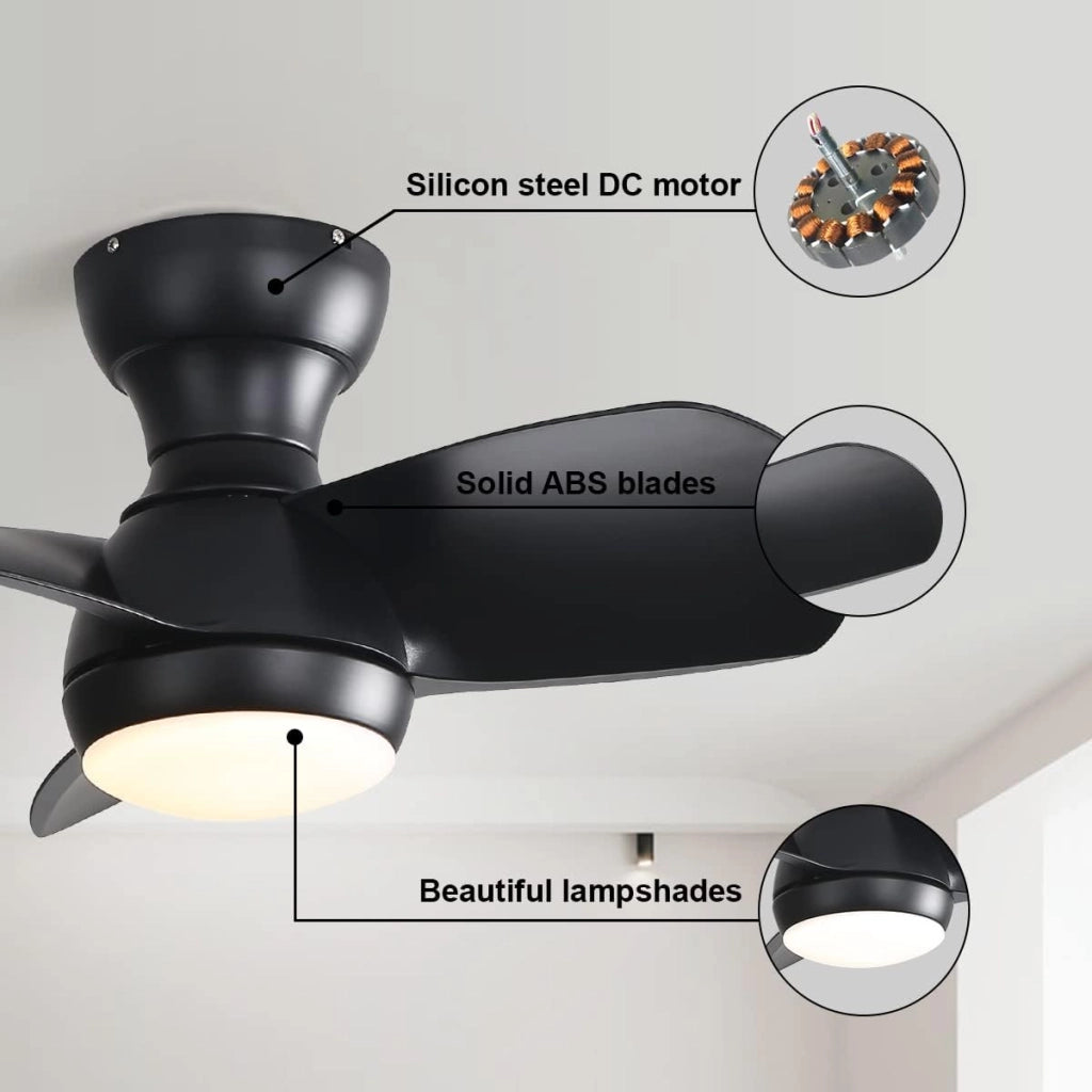 Ventilatore da soffitto nero camera letto 58 cm con luce led tricolore dimmerabile 18w 3 pale abs telecomando motore dc 220v