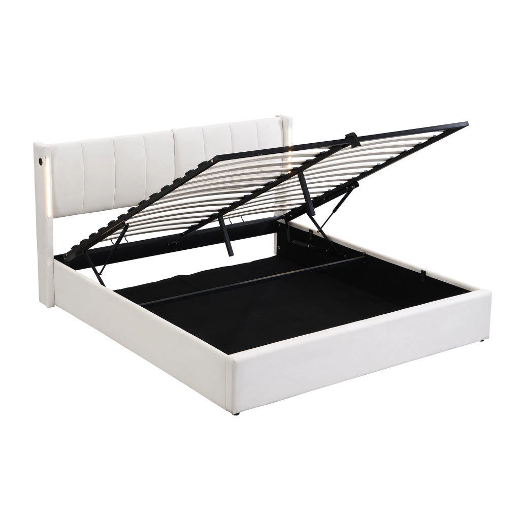 Letto imbottito LED 160x200 cm con USB, contenitore, testiera regolabile e rete a doghe, bianco
