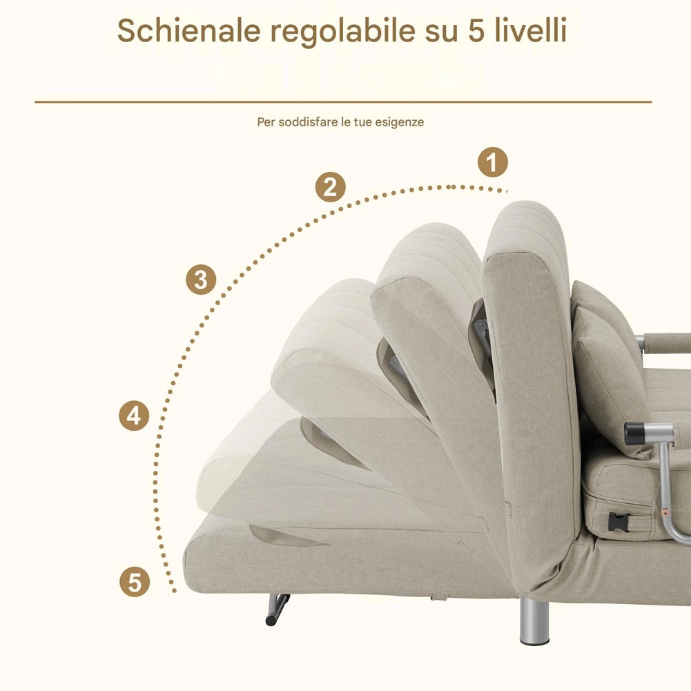 Divano Poltrona Letto 2 Posti una Piazza e mezza Ferro Tessuto Reclinabile Crema