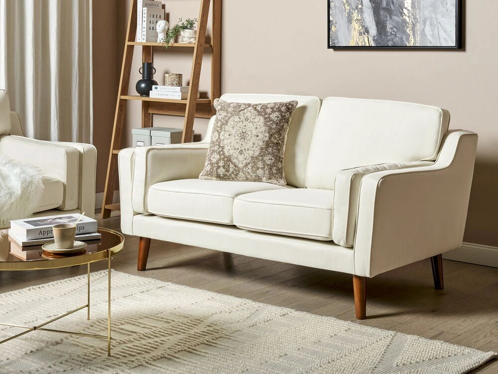 Divano moderno a 2 posti imbottito in tessuto bianco sporco e gambe in legno stile classico e moderno