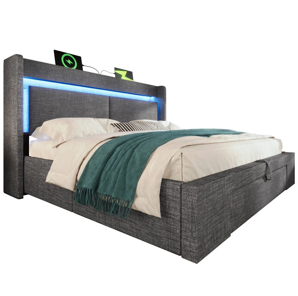 Letto imbottito 140x200 cm con contenitore idraulico; LED; USB/USB-C e materasso; grigio