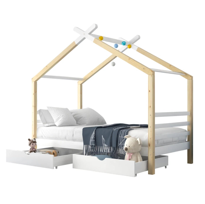 Letto a casetta per bambini con cassetti 90x200 cm; in pino massello e MDF; bianco