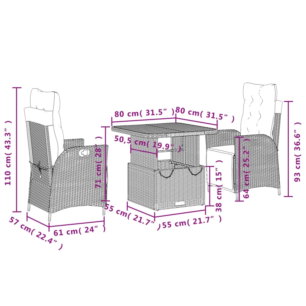 Set da Pranzo da Giardino 3 pz | Set Salotto da Giardino con Cuscini in Polyrattan Grigio