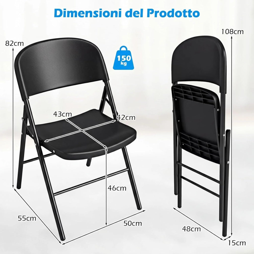Set da 6 Sedie Pieghevoli in Plastica, Sedie Pieghevoli con Schienale e Struttura in Metallo, Sedie da Pranzo Portatili per Matrimonio e Festa, Portata 150 kg (Nero)