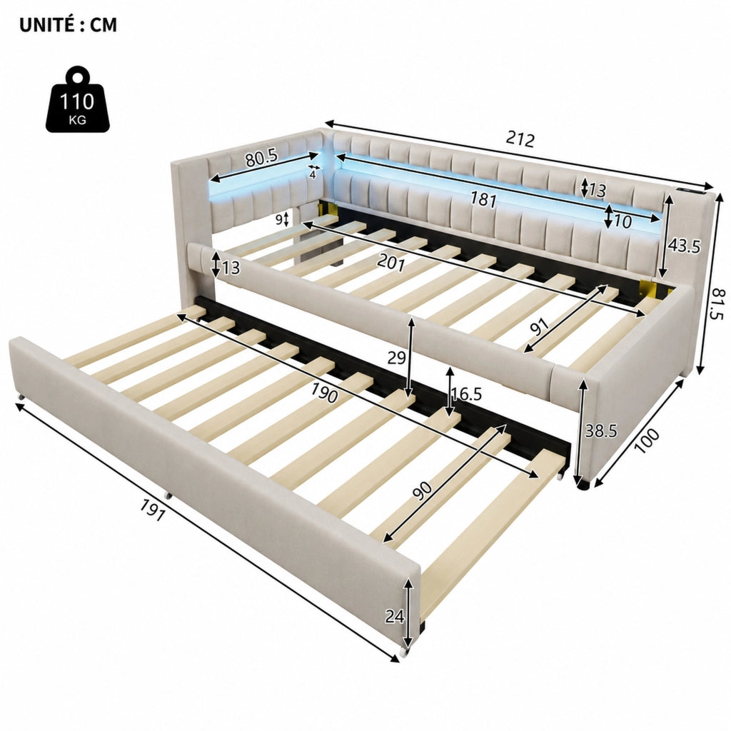 DESMIU Divano letto 90 × 200 cm con letto estraibile, LED, USB, Type-C, senza materasso, lino beige
