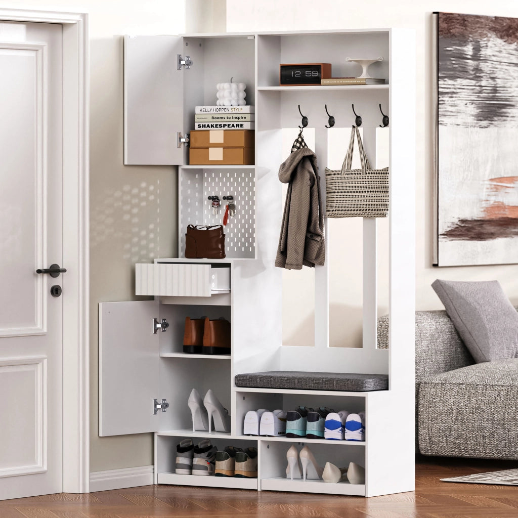 Mobile da ingresso con 1 Anta; 2 Cassetti; 4 Ganci e Panchina Imbottita per Ingresso in MDF 100×35×180 cm Bianco