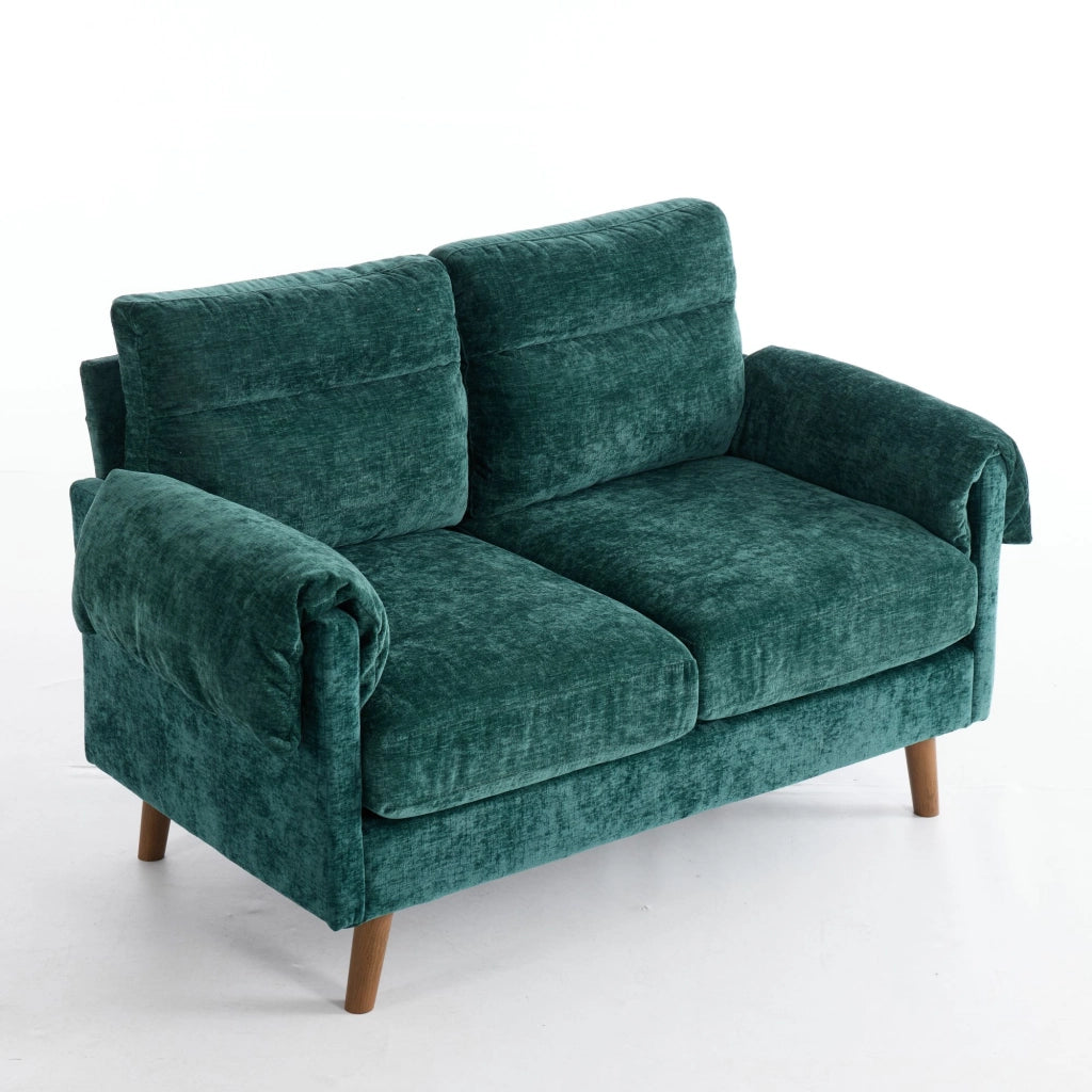 Divano 2 Posti in Tessuto Velluto ¨C MINIMAL ¨C Verde, Cuscini Morbidi, Gambe in Legno