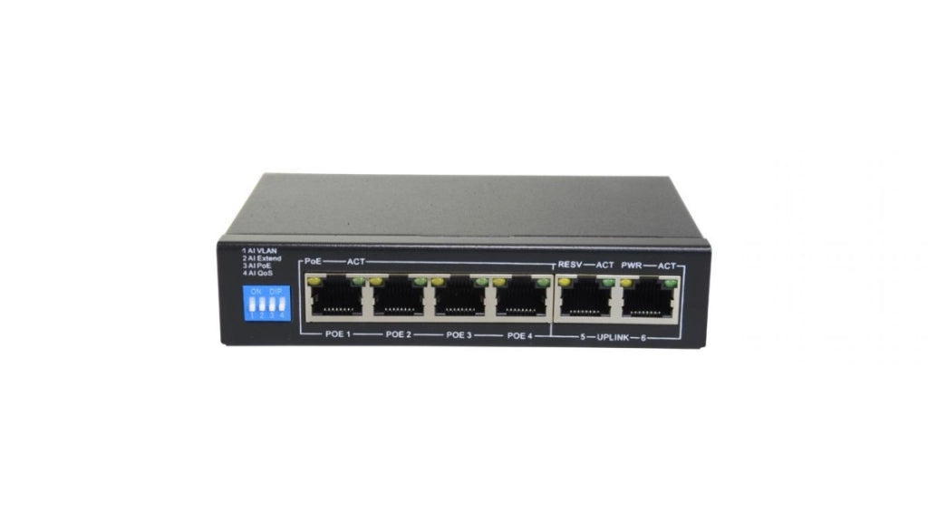 Switch PoE 4 porte PoE + 2 Uplink RJ45 Velocità fino a 1000 Mbps su tutte le porte<br />Fino 60W in totale per tutte le porte