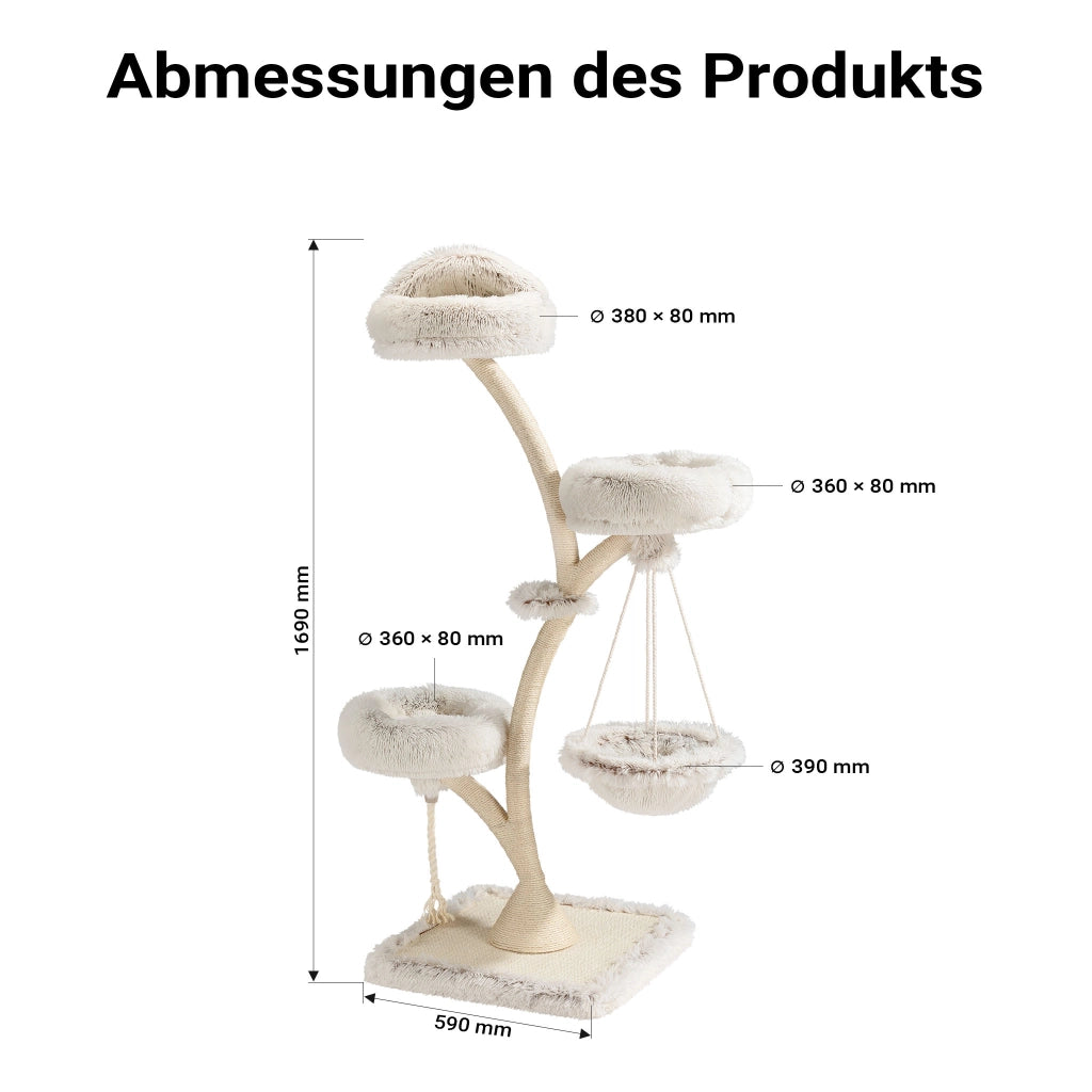 Fudajo Albero tiragraffi per gatti di design con 2 cucce, 1 nicchia, 1 amaca, Ø 59 cm, altezza 169 cm, portata max. 15 kg, beige con sisal e peluche, colonna e piattaforme