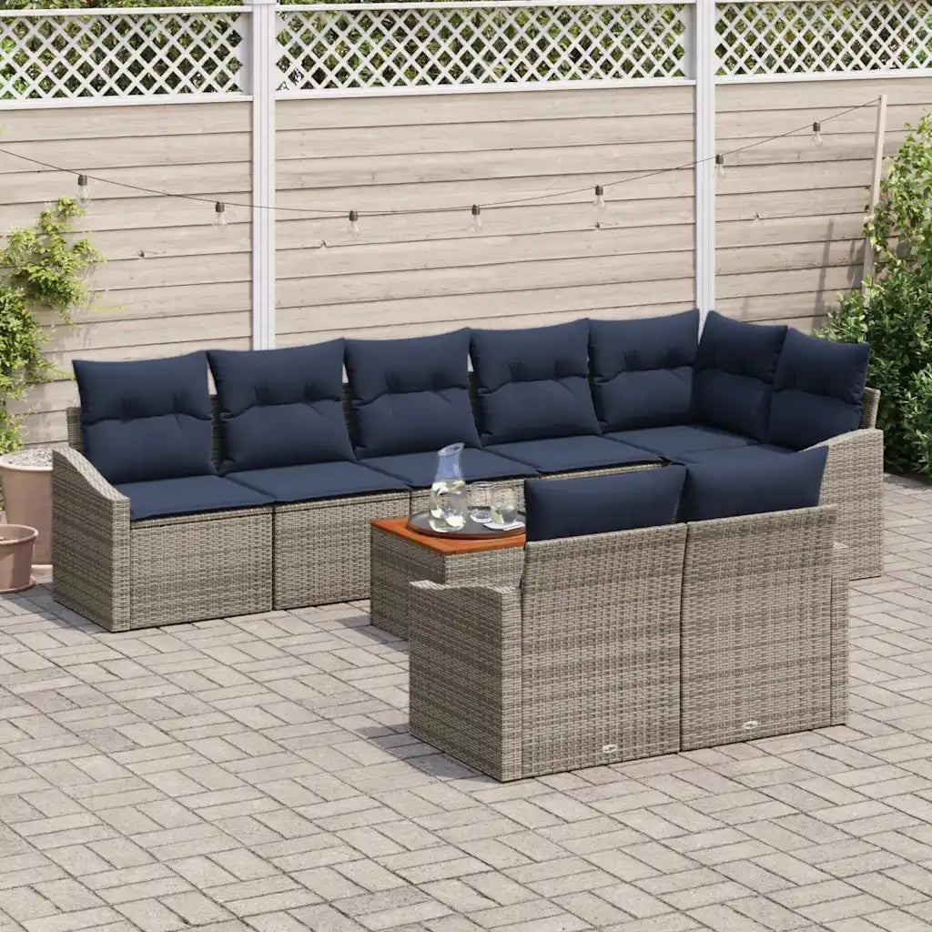 Set Divano da Giardino 9 pcs Grigio e Blu Navy polyrattan