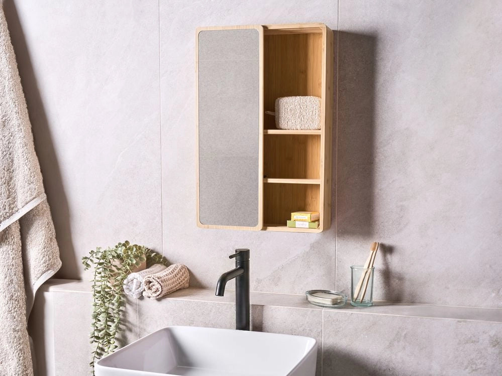 Mobile da bagno sospeso con ante scorrevoli a specchio 61 x 41 cm verniciato con 3 ripiani in legno di bambù marrone chiaro