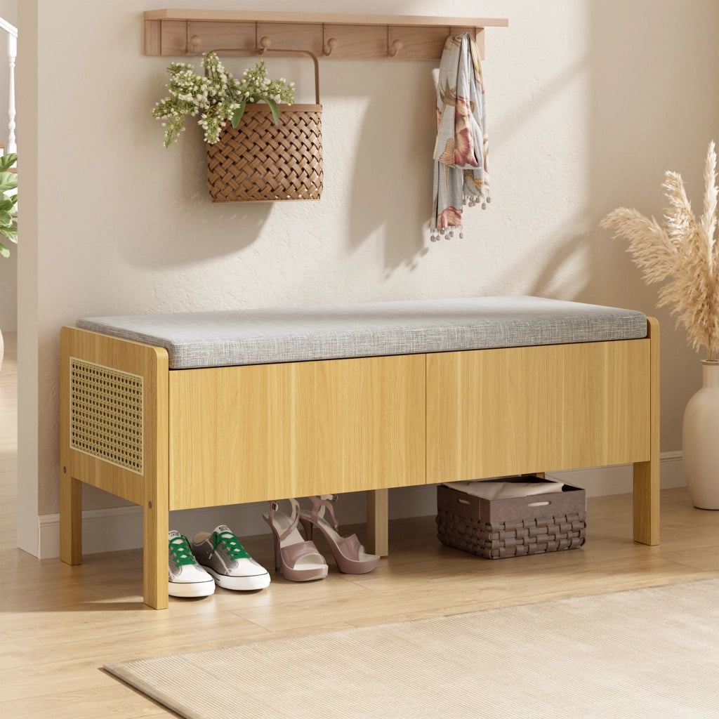 Panca contenitore con 2 cassetti e lati in rattan - in bamboo e MDF - naturale e grigio