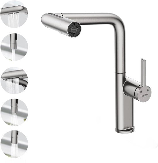Kraan da cucina con estensore d'acqua, 5 posizioni di scarico, maniglia 360° girevole, finitura nichelata.