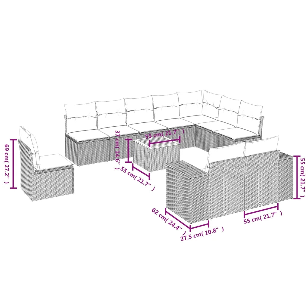 Set Divani da Giardino 11 pz con Cuscini Beige in Polyrattan 3257830