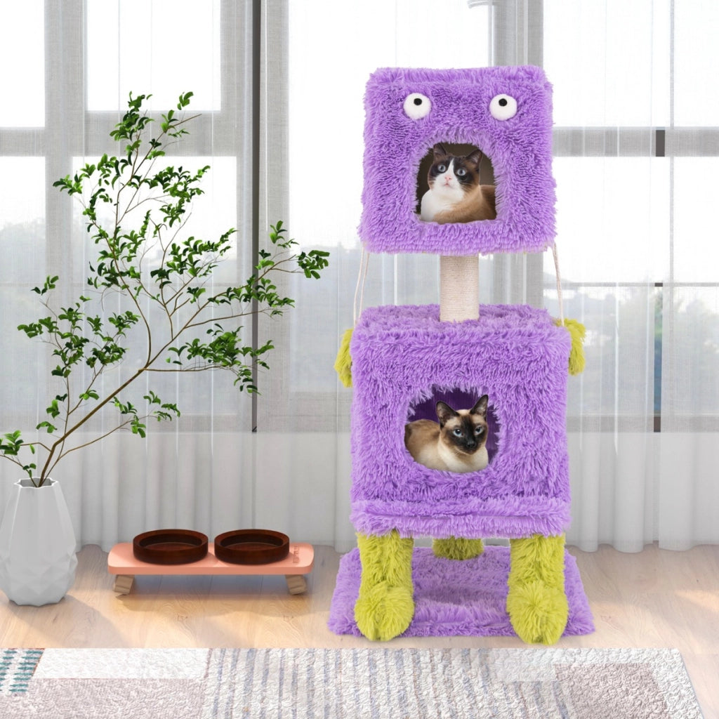Albero per gatti con 2 nidi privati palo per graffio in sisal giocattoli pendenti, Torre di gatti a tema mostro carina Viola-Alberi Tiragraffi