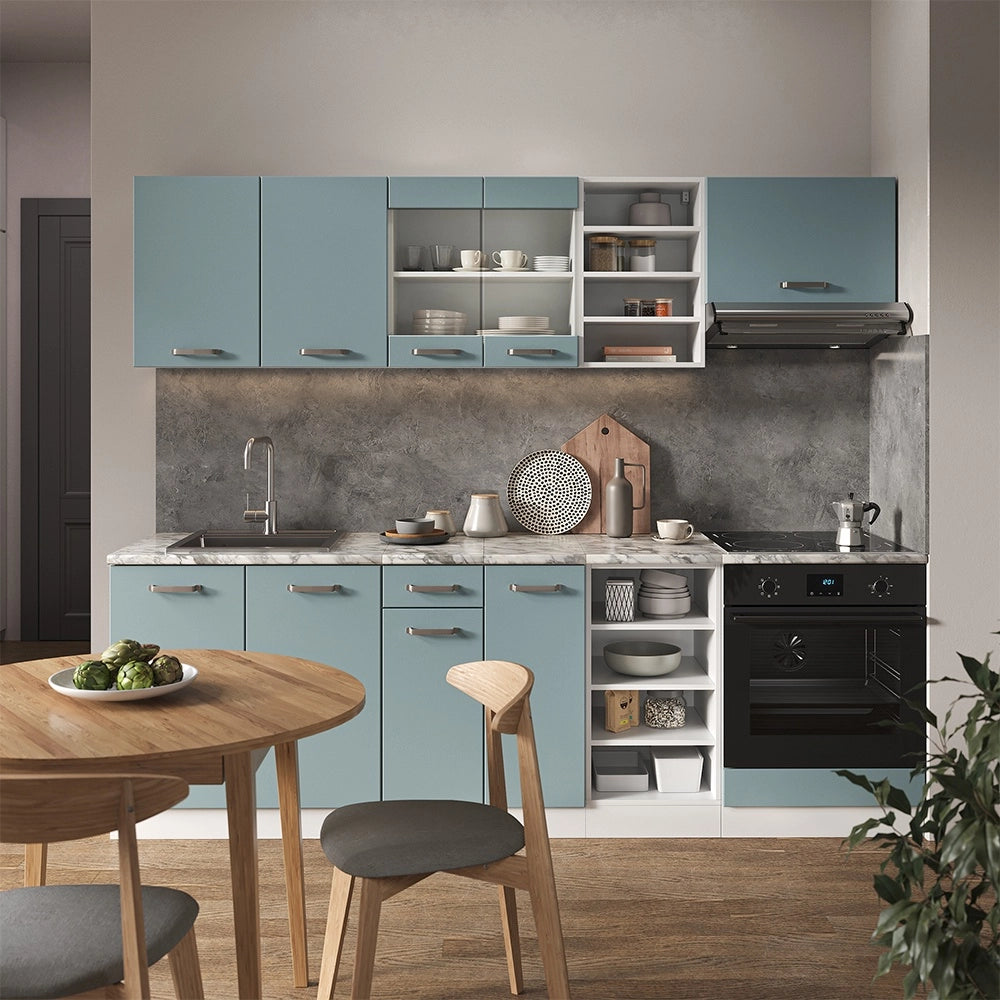 Cucina componibile R-Line Grigio-blu/Bianco 240 cm senza piano di lavoro Vicco