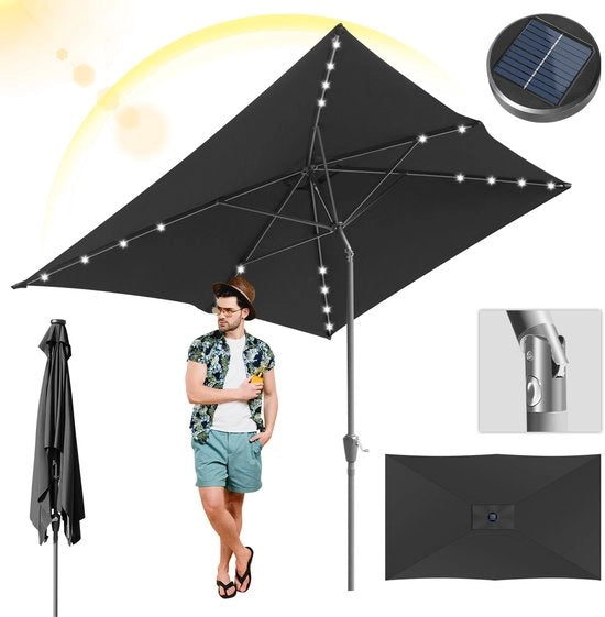 Ombrellone 2 × 3 m con LED – Struttura in acciaio, resistente ai raggi UV per terrazza serale, grigio