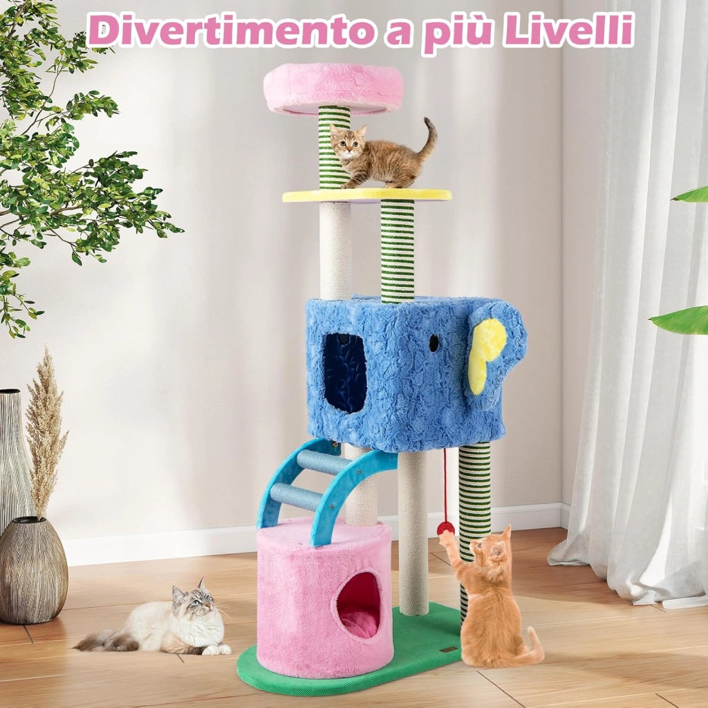 Albero per Gatti a Tema Elefante, Albero Tiragraffi per Gatti con Condomini, Ripiano Imbottito, Pali da Graffiare, Giocattolo in Peluche, Piattaforme e Cuscino Rimovibile, Cat Tree per Interno