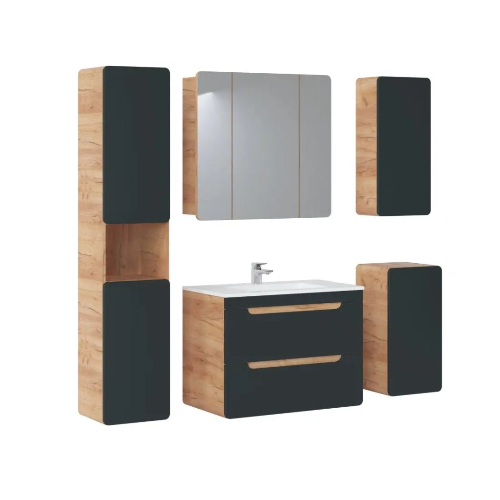 Mobile sotto lavabo ERBANO – 2 cassetti – 80 cm – Colori rovere chiaro e grigio antracite – Da appendere