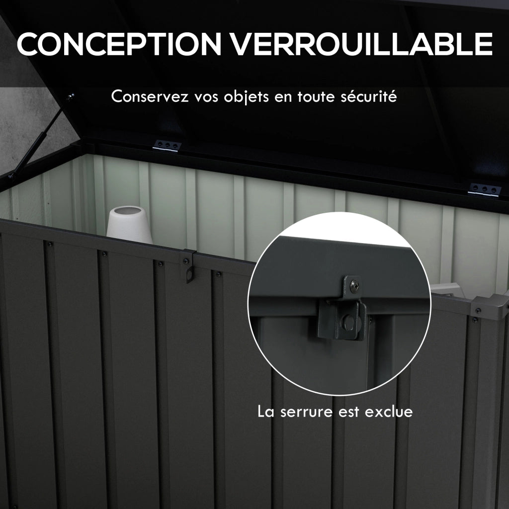 Coffre da giardino in metallo 450L con cerniere a gas e ruote ¨C zephmum ¨C 125,5x61,5x70 cm