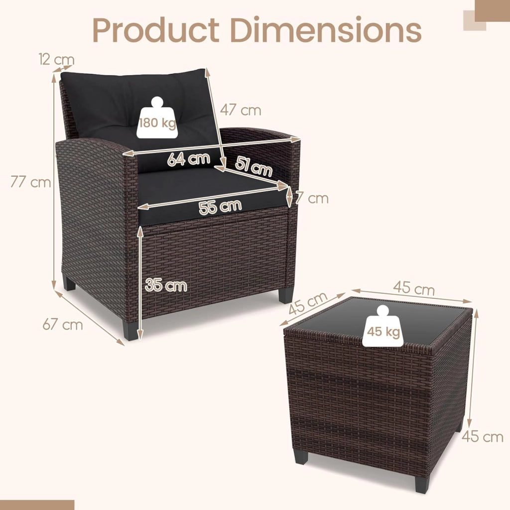 Set di Mobili da Giardino, in Rattan, 3 Pezzi Mobiletti, 1 Tavolino + 2 Poltrone, Salottino da Esterno, con Cuscini per Balcone, Giardino, Cortile, Terrazza, 3 Colori (Nero)