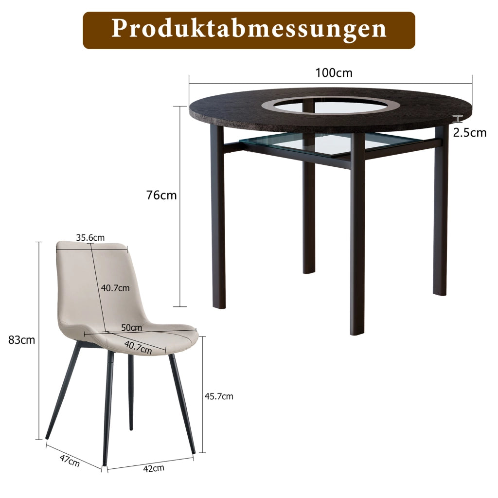 Tavolo da pranzo rotondo con ripiano in vetro e 4 sedie in PU con schienale ergonomico nero e grigio caldo Ø 100 cm
