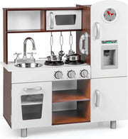 Cucina Giocattolo per Bambini, Cucina Legno per Bambini con Forno, Microonde, Frigorifero, Macchina del Ghiaccio, Lavello e Rubinetto, Funzione Luci e Suoni, per Bambini 3 Anni+