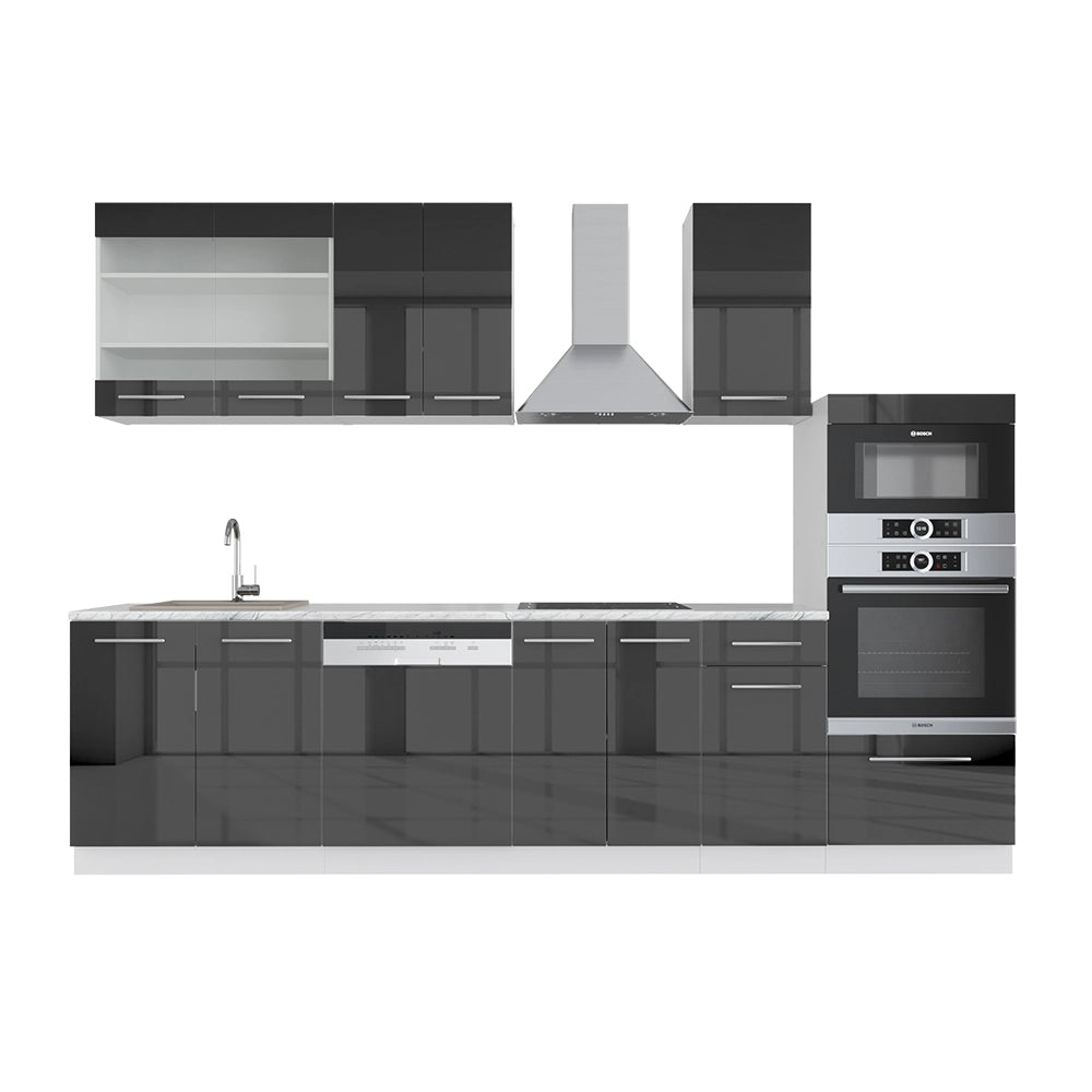 Cucina componibile Fame-Line Antracite lucido/Bianco 300 cm con armadio alto, PL Marmo Vicco
