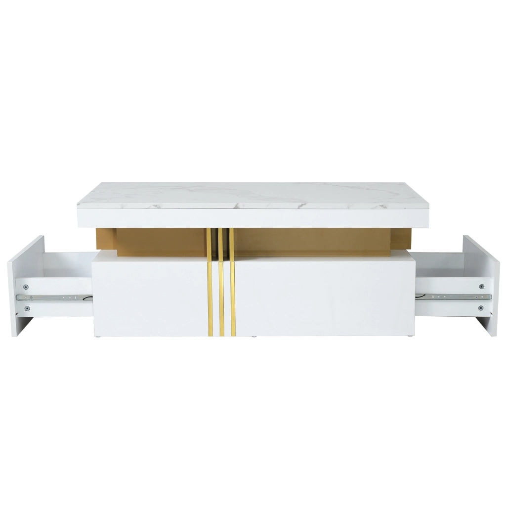 Tavolino da caffè rettangolare con 2 cassetti; piano lucido effetto marmo e bordo laterale in metallo; bianco 100 × 50 × 40 cm