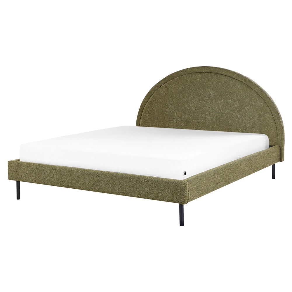 Letto matrimoniale in poliestere bouclè verde imbottito con base a doghe e testiera rotonda 160 x 200 cm minimalista retrò