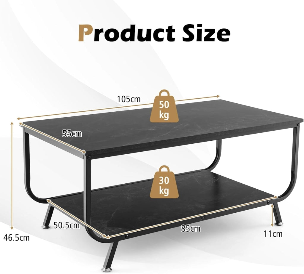 Tavolino da Caffè a 2 Ripiani, Tavolo da Salotto Moderno, Tavolino da Divano con Struttura Metallica e Scomparto Aperto, Peso Max 50 kg, 105 x 55 x 46,5 cm (Nero)