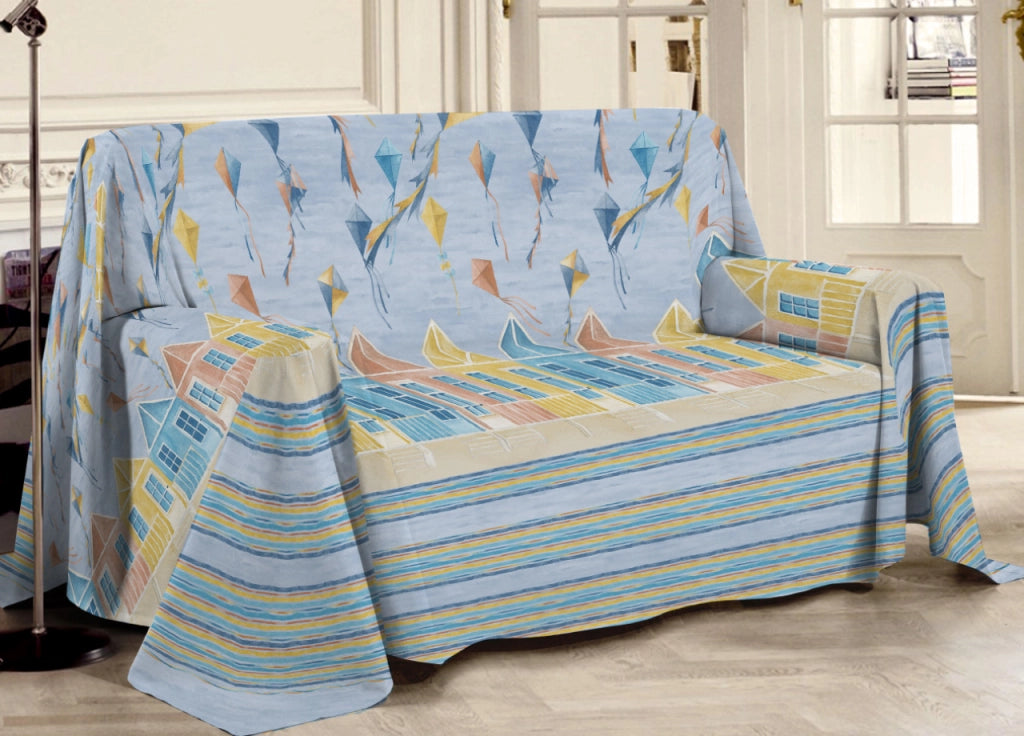 Telo Arredo Multiuso Linea Pensieri Delicati In Cotone Disegno Aquiloni - Singolo - Azzurro