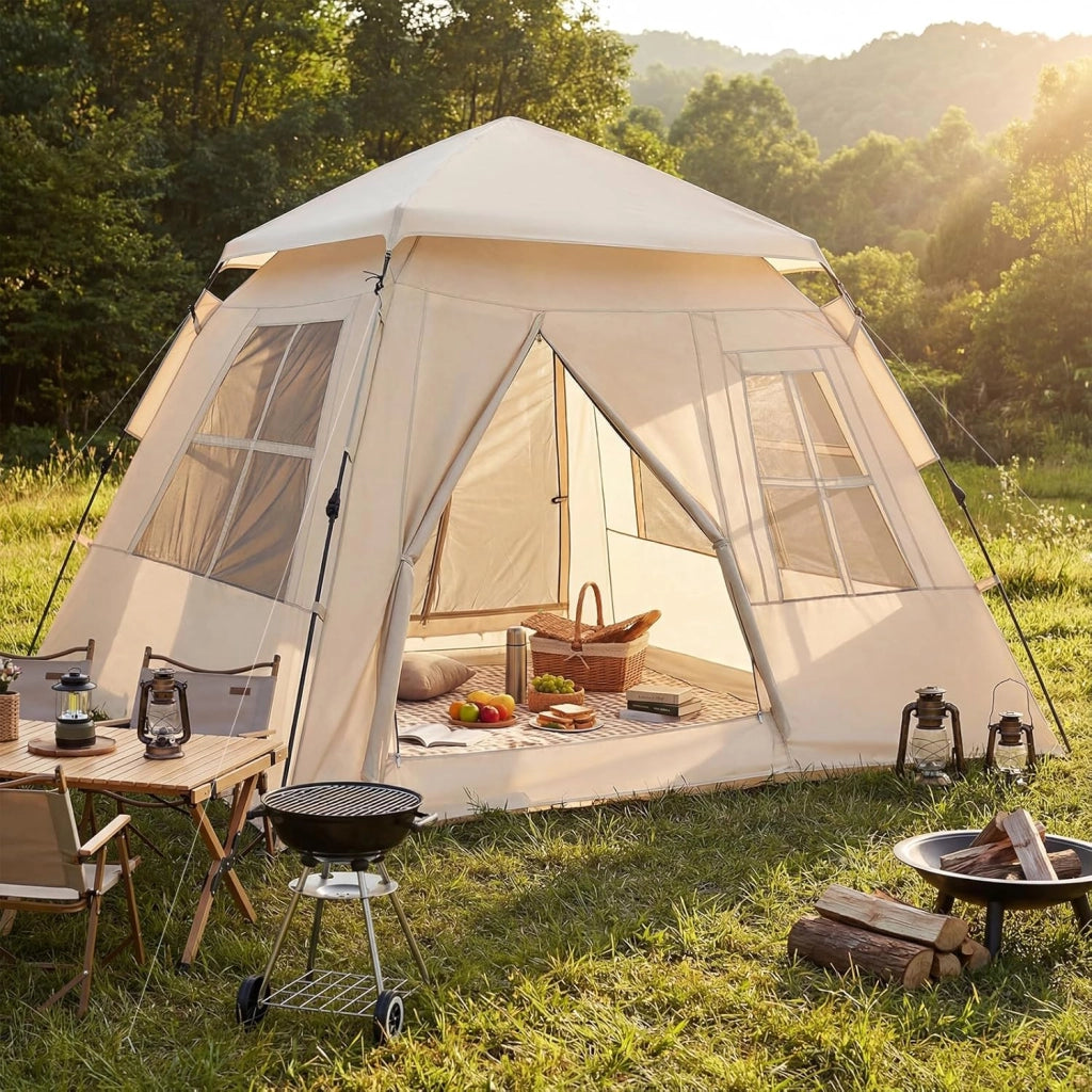Tenda da Campeggio per 3-4 Persone, Tenda da Spiaggia Protezione Solare con Copertura Antipioggia Rimovibile, 2 Porte, 4 Finestre Traspiranti e Borsa per il Trasporto, Facile Installazione