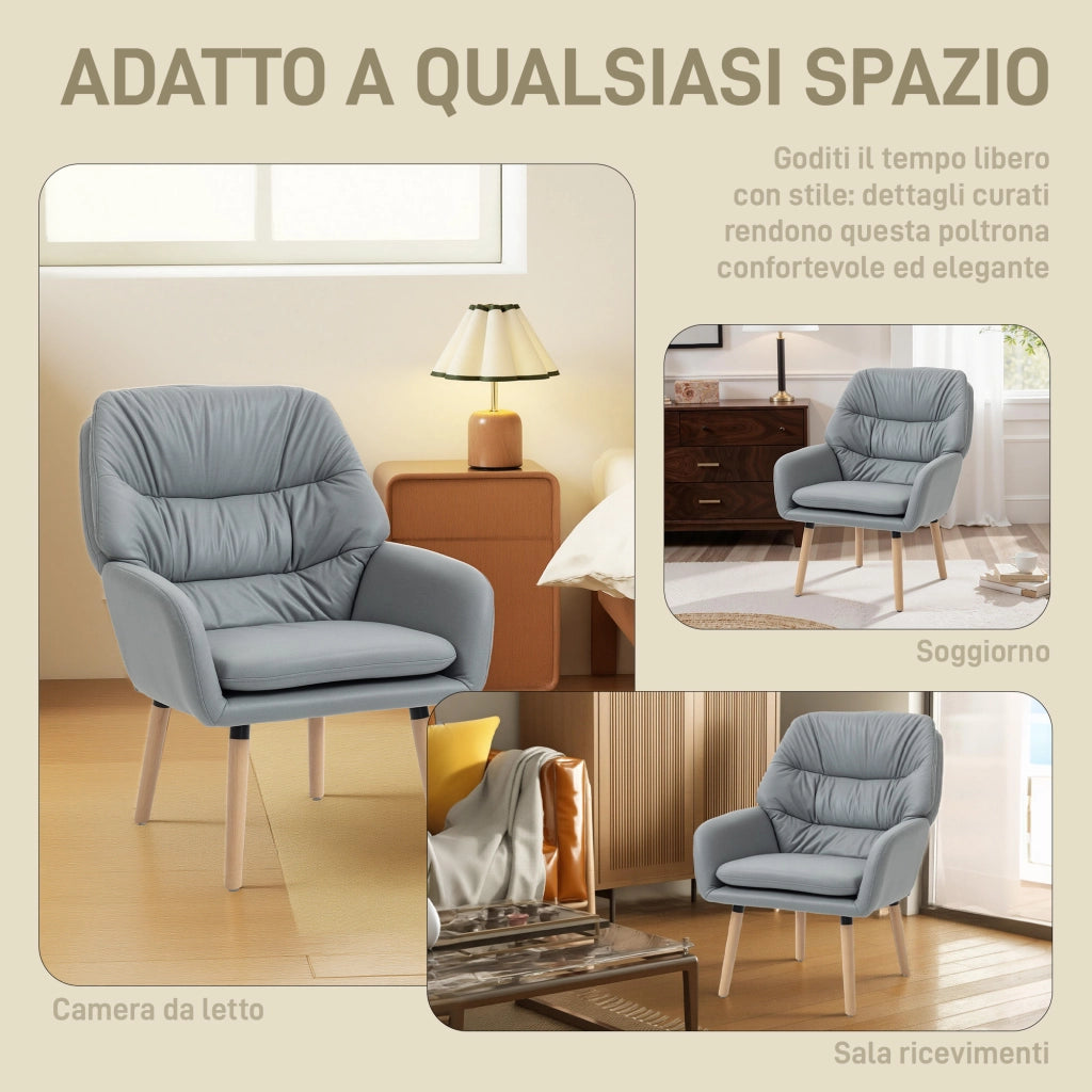 Poltrona Moderna da Camera con Schienale Alto a Doppia Imbottitura in Tessuto Effetto Pelle, Grigio