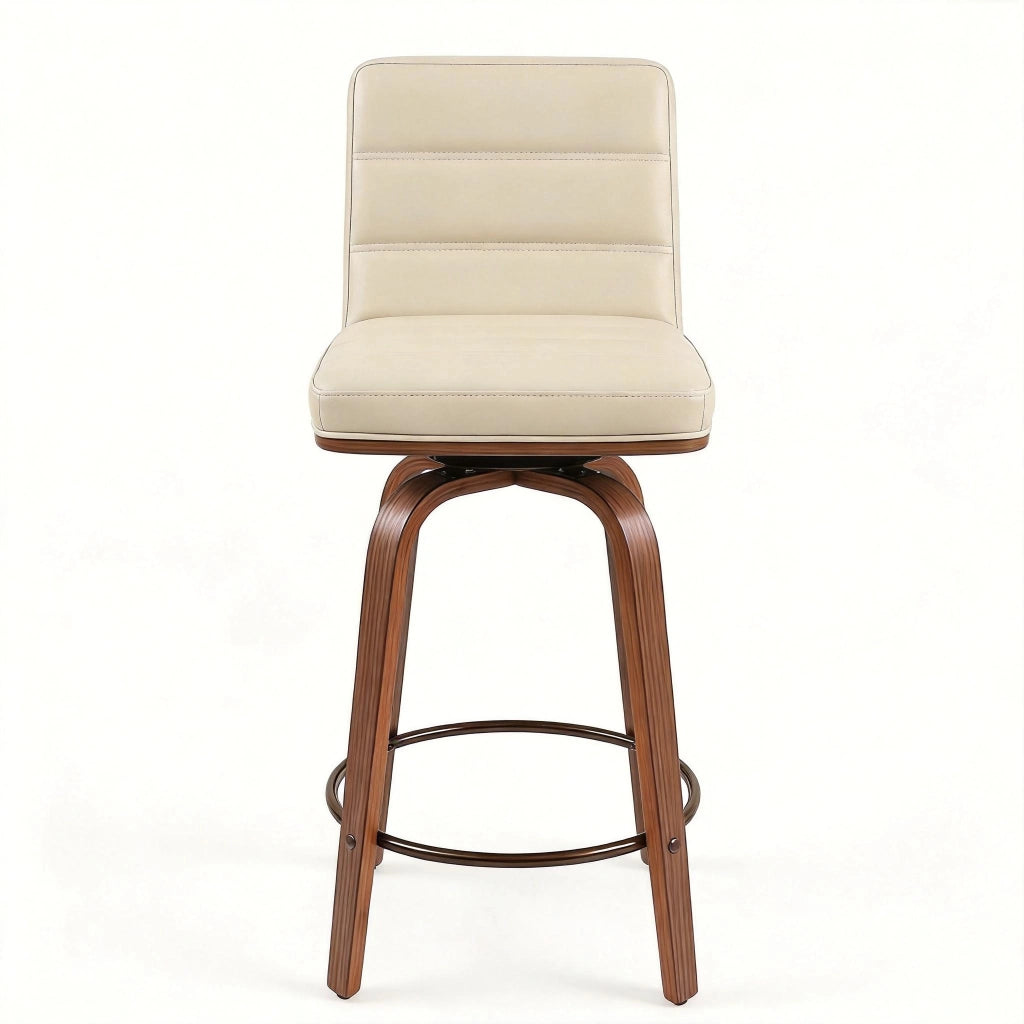 Sgabello da bar in pelle PU con schienale ergonomico, anello poggiapiedi e gambe in legno e metallo, crema