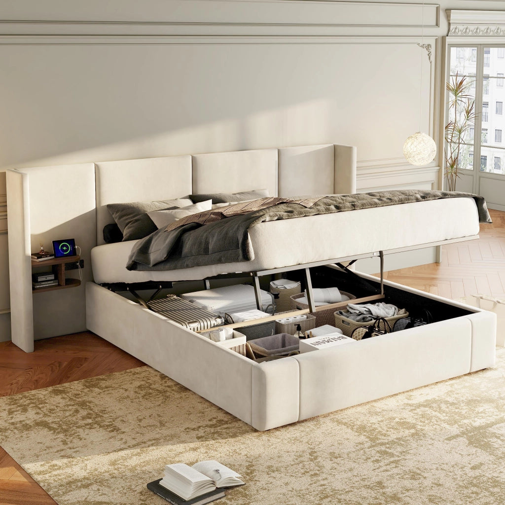 OKWISH Letto Contenitore 160×200 cm, Letto Matrimoniale con USB, Tipo C, Prese e 2 Comodini, senza Materasso, in Velluto, Beige