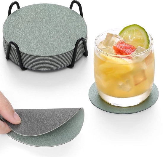 Set di 12 sottopiani per bicchieri, sottopiani per bicchieri, sottopiani per bicchieri e drink, sottopiani antiscivolo, sottopiani in pelle, sottopiani in pelle imitata, sottopiani in pelle con finitura in pelle (grigio, salmone, rotondo)